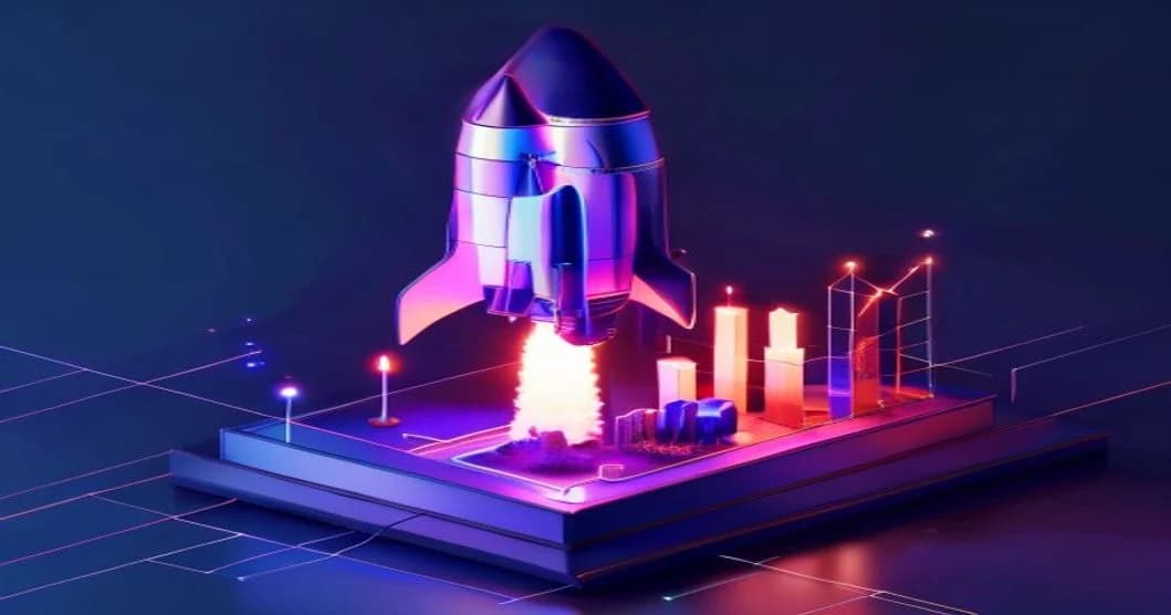 Hình ảnh 3D Isometric tên lửa cất cánh trên nền biểu đồ cột neon - 10 Cách Tăng Tương Tác TikTok Hiệu Quả (X3 Tỷ Lệ Lên Xu Hướng) - 360TuongTac