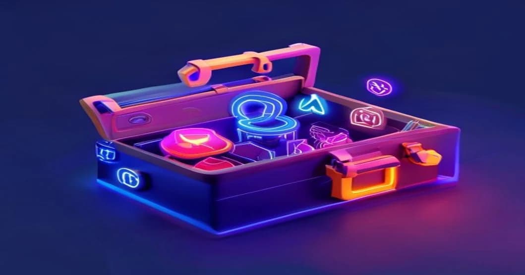 Hình ảnh 3D Isometric hộp công cụ chứa các biểu tượng mạng xã hội phát sáng - Dịch Vụ SMM Nên Chọn Loại Nào Cho Phù Hợp: Hướng Dẫn Dành Cho Newbie - 360TuongTac