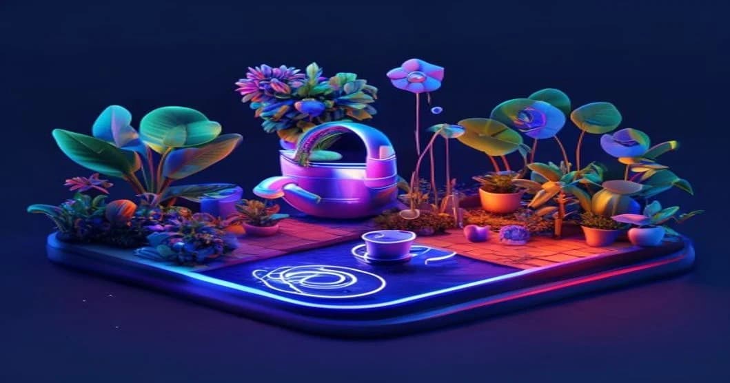 Hình ảnh 3D Isometric khu vườn kỹ thuật số đang được tưới bởi các biểu tượng mạng xã hội - Seeding Là Gì? Nghệ Thuật Điều Hướng Tâm Lý Khách Hàng 2025 - 360TuongTac