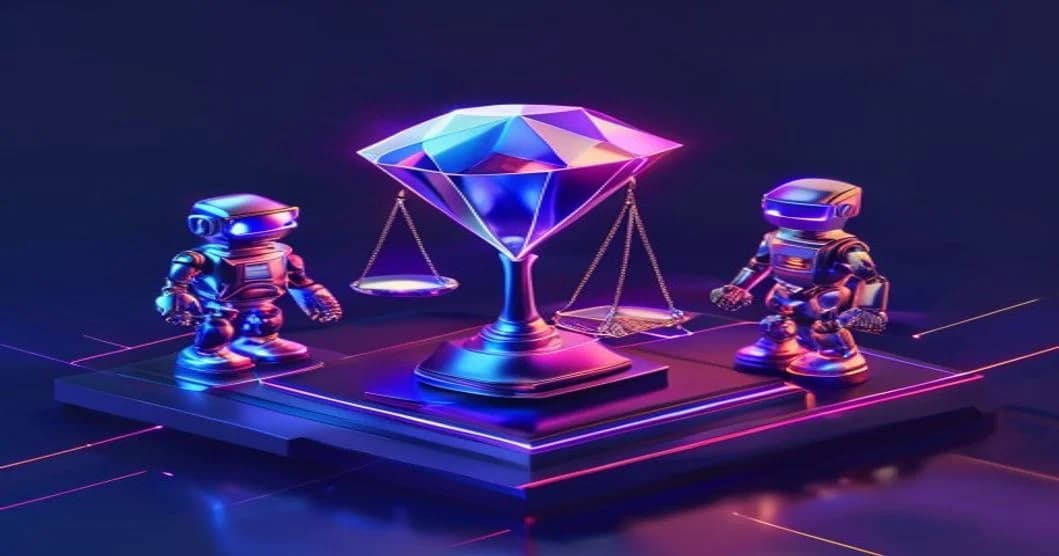 Hình ảnh 3D Isometric chiếc cân thăng bằng giữa viên kim cương đá quý và bot - So Sánh Các Dịch Vụ Tăng Viewer TikTok: Loại Nào An Toàn Nhất? - 360TuongTac