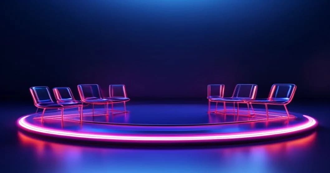 Hình ảnh 3D Isometric sân khấu tối giản với những chiếc ghế thủy tinh trống rỗng - Tại Sao Livestream TikTok Ít Người Xem? (Và 5 Cách Khắc Phục) - 360TuongTac